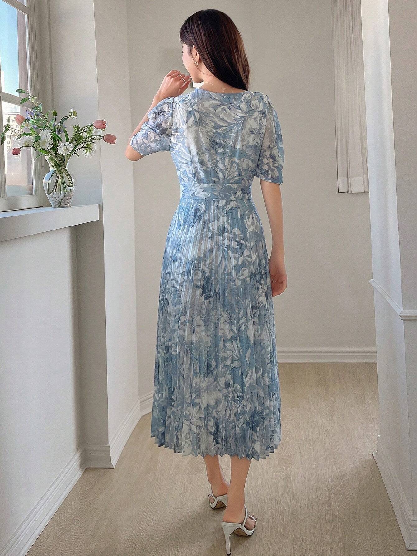 Buy SHEIN DAZY Women's Sweetheart Neckline Watercolor Floral Print Cinched Waist Puff Sleeve Pleated Dress in Pakistan