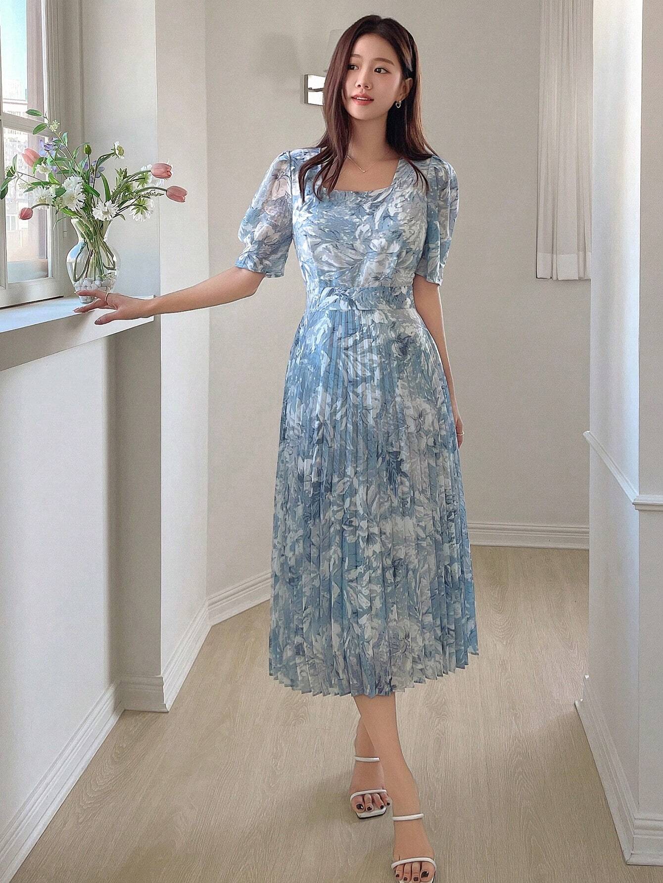Buy SHEIN DAZY Women's Sweetheart Neckline Watercolor Floral Print Cinched Waist Puff Sleeve Pleated Dress in Pakistan