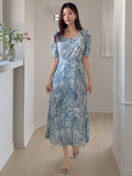Buy SHEIN DAZY Women's Sweetheart Neckline Watercolor Floral Print Cinched Waist Puff Sleeve Pleated Dress in Pakistan