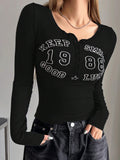 Buy SHEIN DAZY Women's Tight-Fitting Long-Sleeved T-Shirt With Half Placket Button & Round Neck & Letter Print in Pakistan