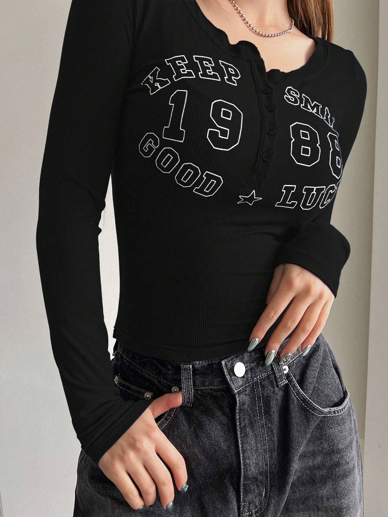 Buy SHEIN DAZY Women's Tight-Fitting Long-Sleeved T-Shirt With Half Placket Button & Round Neck & Letter Print in Pakistan