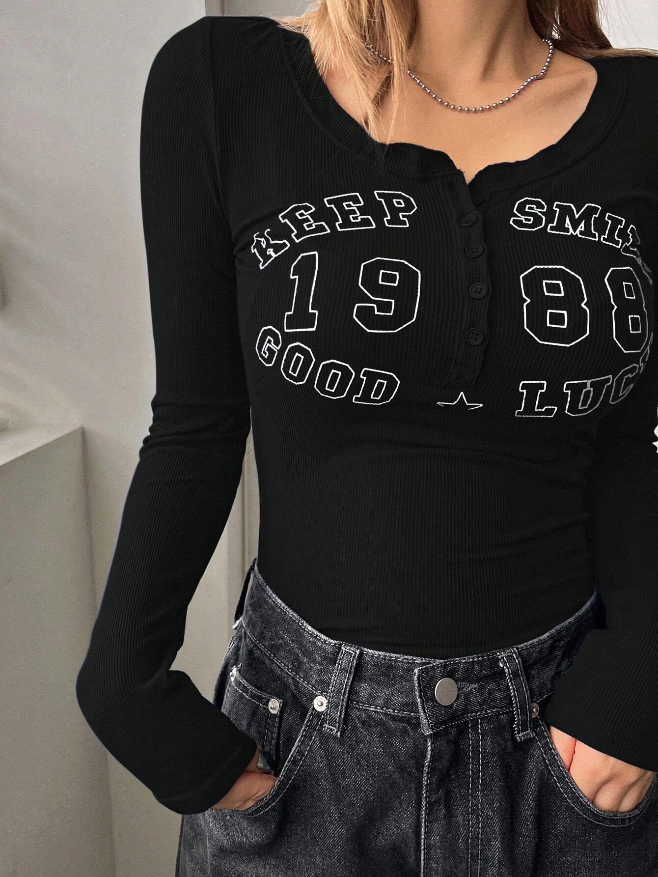 Buy SHEIN DAZY Women's Tight-Fitting Long-Sleeved T-Shirt With Half Placket Button & Round Neck & Letter Print in Pakistan