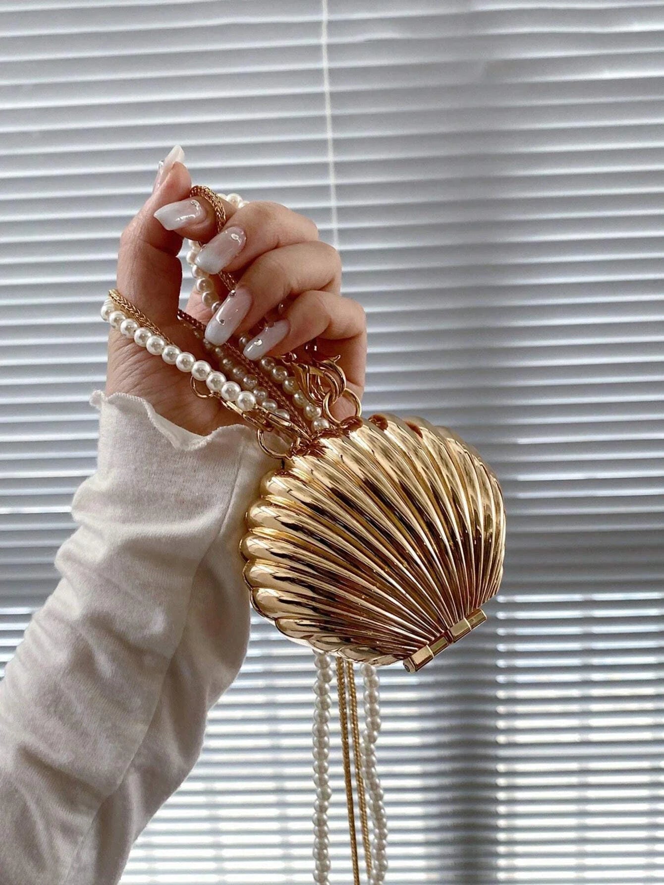 Buy SHEIN Designer Pearl Chain Women's Crossbody Bag Metal Shell Mini Shoulder Bag Purse Bag in Pakistan