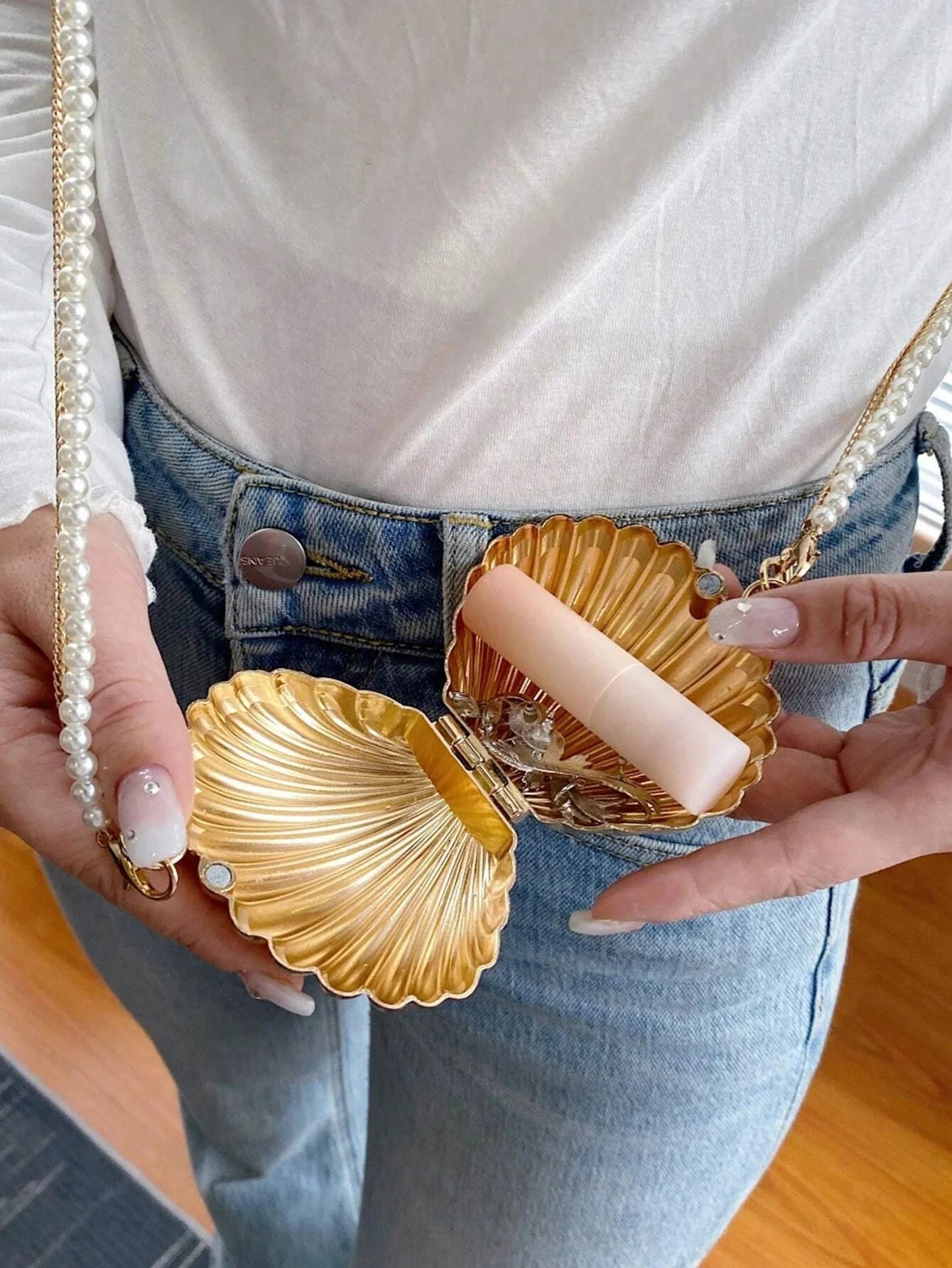 Buy SHEIN Designer Pearl Chain Women's Crossbody Bag Metal Shell Mini Shoulder Bag Purse Bag in Pakistan