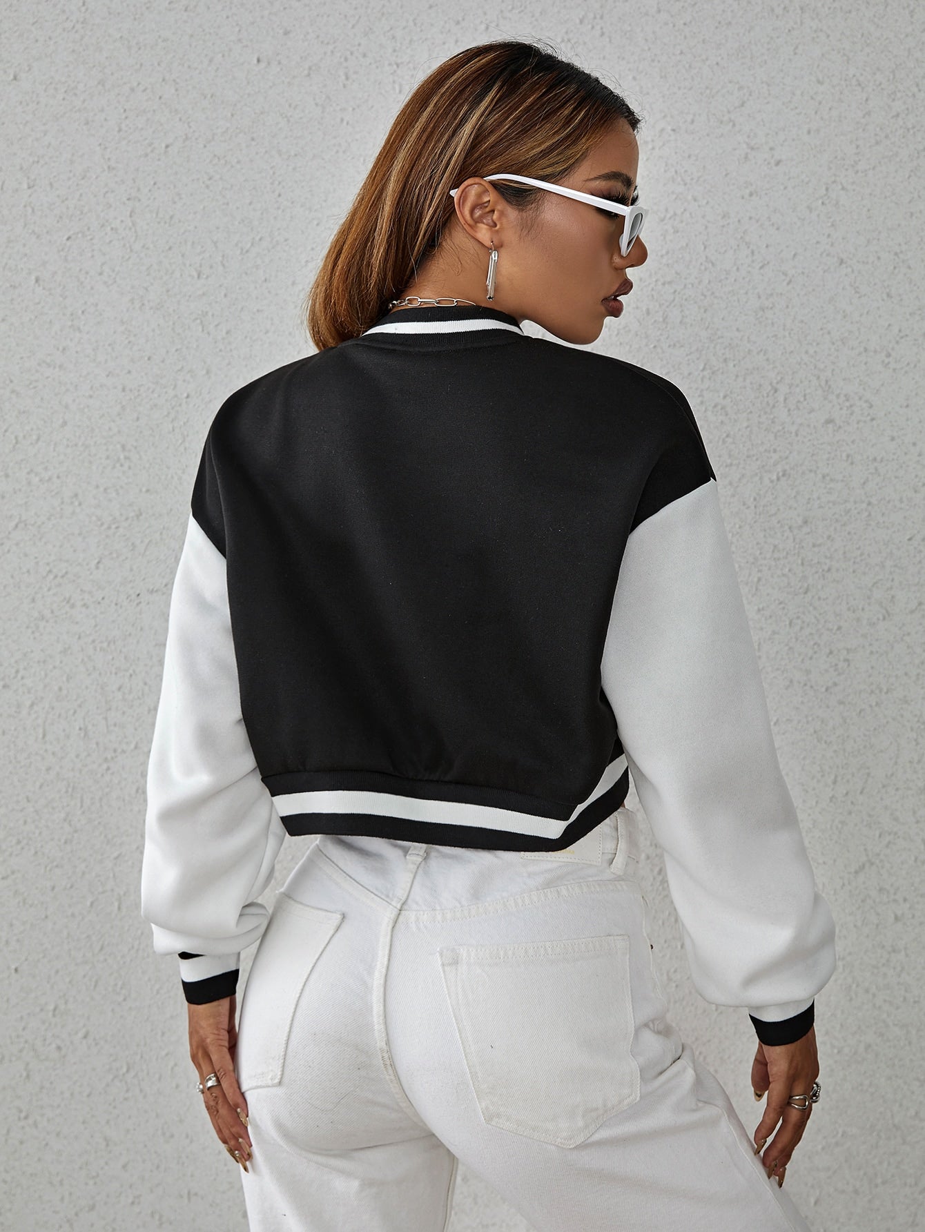 Buy SHEIN Drop Shoulder Two Tone Crop Bomber Jacket in Pakistan