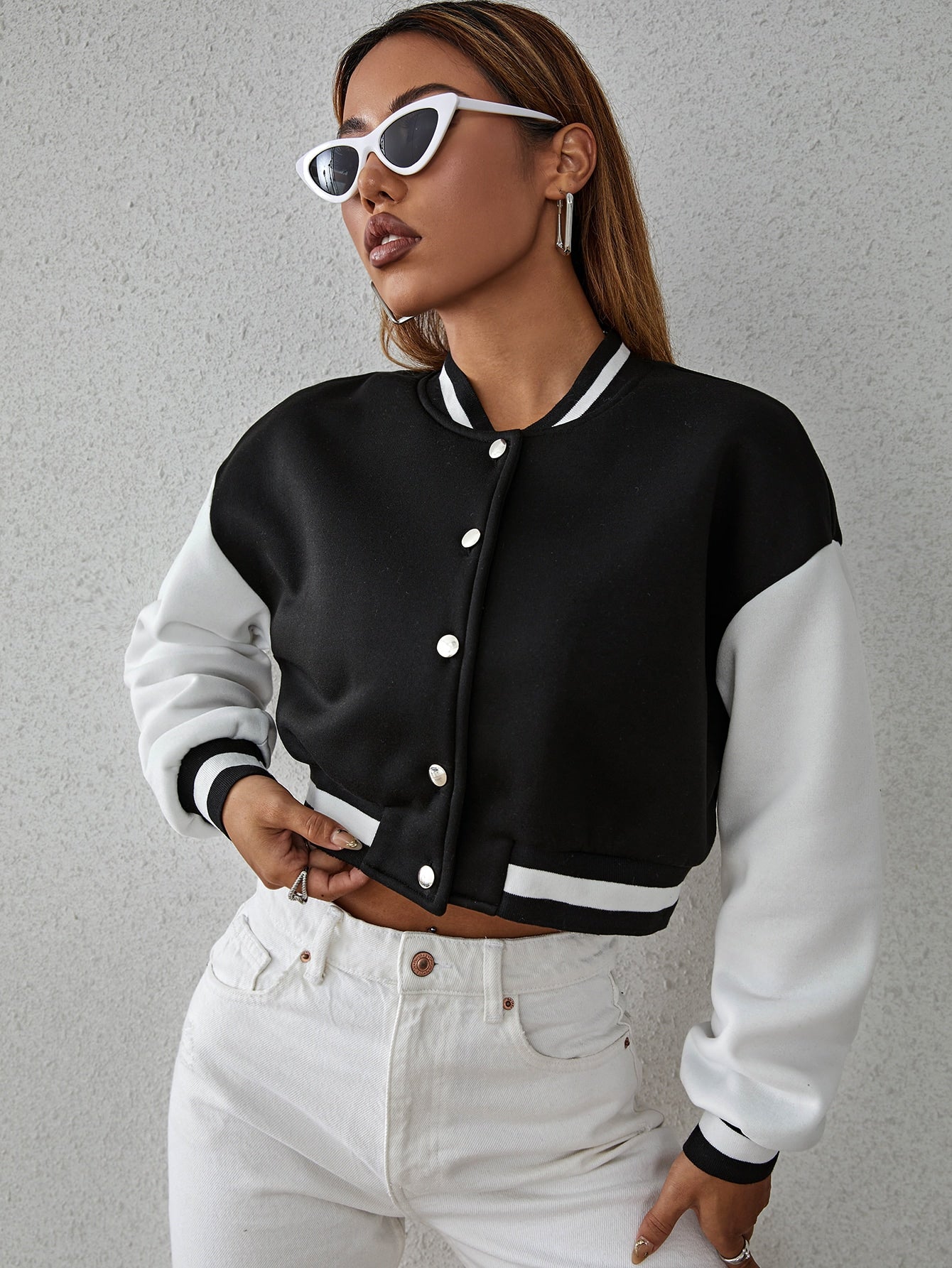 Buy SHEIN Drop Shoulder Two Tone Crop Bomber Jacket in Pakistan