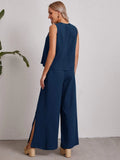 Buy SHEIN EMERY ROSE Keyhole Back Solid Top & Split Hem Palazzo Pants Set in Pakistan
