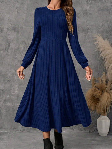Buy SHEIN EMERY ROSE Women's Solid Color Ribbed Crew Neck Long Sleeve Dress in Pakistan