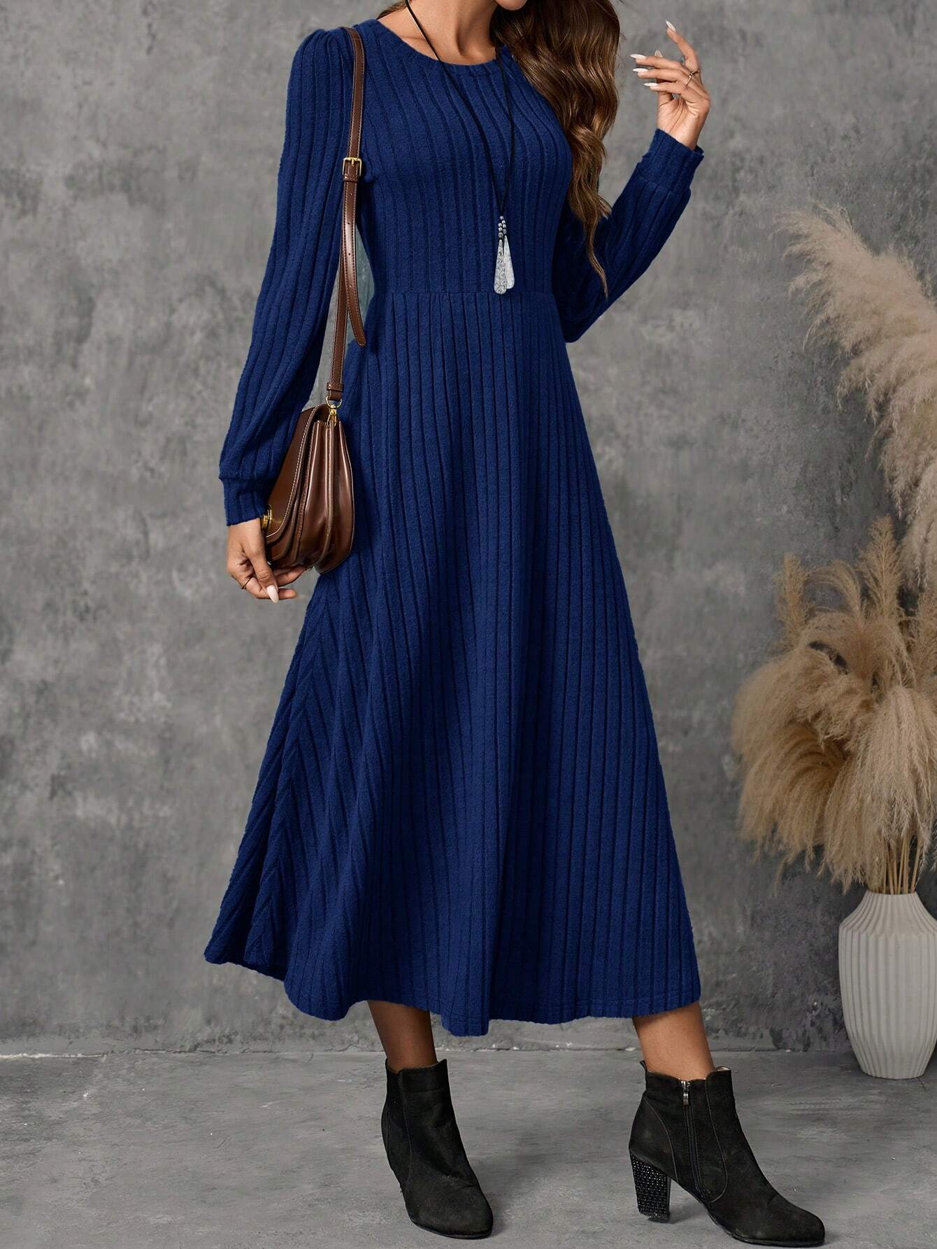Buy SHEIN EMERY ROSE Women's Solid Color Ribbed Crew Neck Long Sleeve Dress in Pakistan