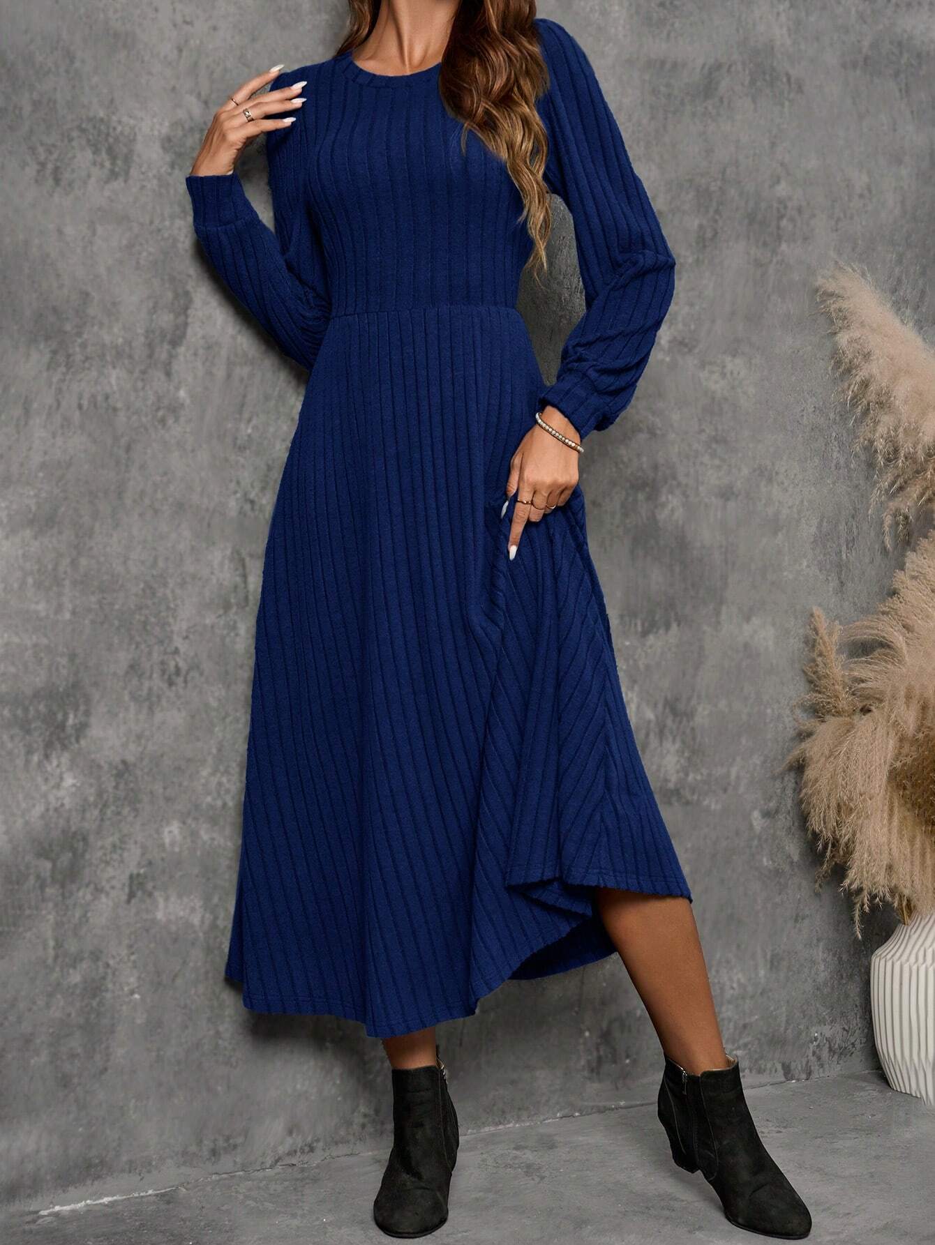 Buy SHEIN EMERY ROSE Women's Solid Color Ribbed Crew Neck Long Sleeve Dress in Pakistan