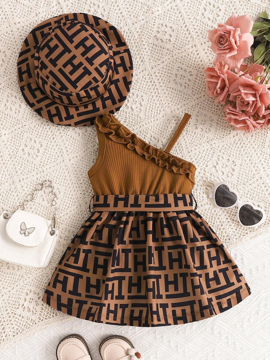 Buy SHEIN Elegant Baby Girl Houndstooth Plaid Embroidered Dress With Hat, Spring/Summer in Pakistan