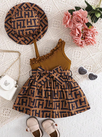 Buy SHEIN Elegant Baby Girl Houndstooth Plaid Embroidered Dress With Hat, Spring/Summer in Pakistan