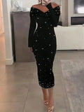 Buy SHEIN Elegant Pearl Embellished Off Shoulder Long Sleeve Pencil Dress Party Dress For Women in Pakistan