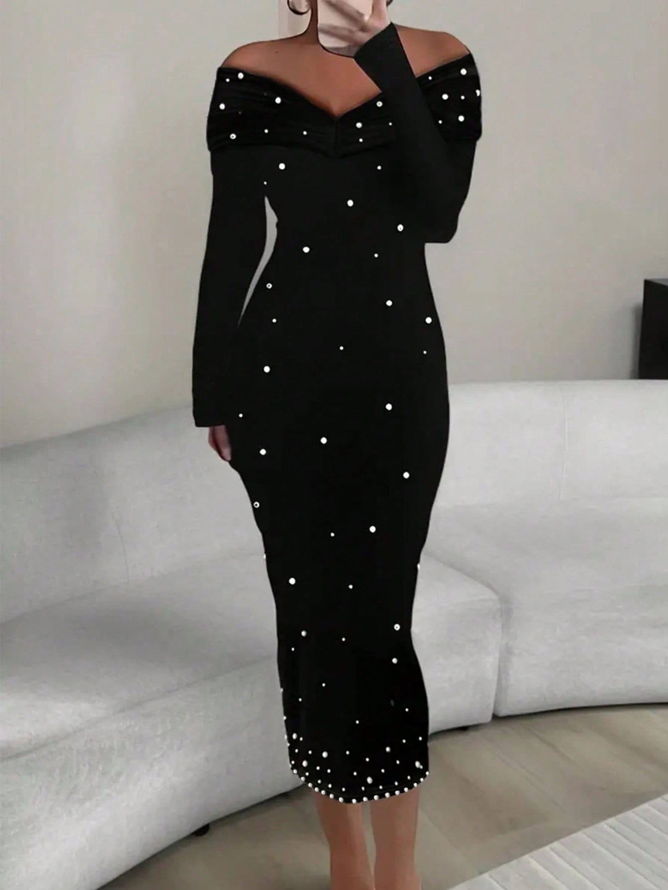 Buy SHEIN Elegant Pearl Embellished Off Shoulder Long Sleeve Pencil Dress Party Dress For Women in Pakistan