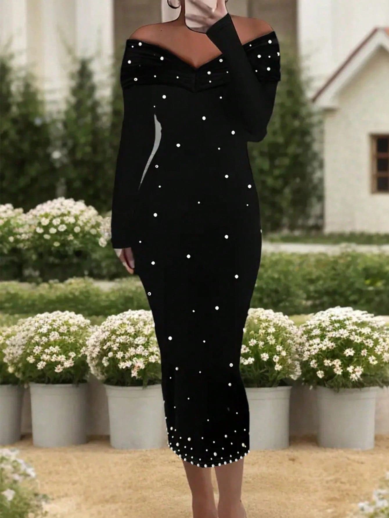 Buy SHEIN Elegant Pearl Embellished Off Shoulder Long Sleeve Pencil Dress Party Dress For Women in Pakistan