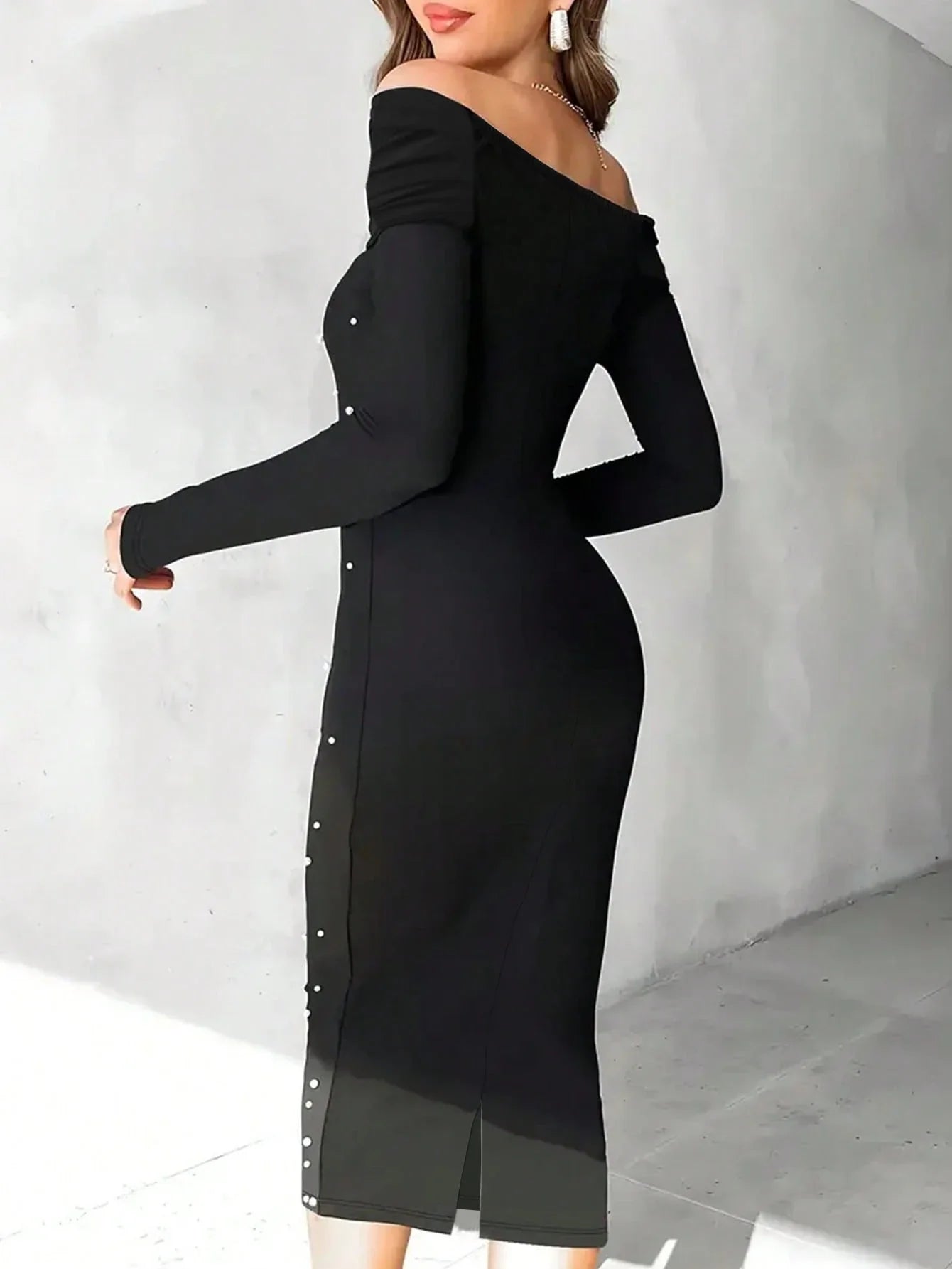 Buy SHEIN Elegant Pearl Embellished Off Shoulder Long Sleeve Pencil Dress Party Dress For Women in Pakistan