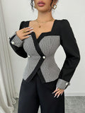 Buy SHEIN Elenzga 2pcs Women Elegant Color Block Cardigan & Wide Leg Pants Suit in Pakistan