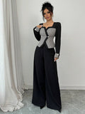 Buy SHEIN Elenzga 2pcs Women Elegant Color Block Cardigan & Wide Leg Pants Suit in Pakistan