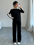 Buy SHEIN Elenzga 2pcs Women Fashion Striped Contrast Color Round Neck T-Shirt And Long Pants Set in Pakistan
