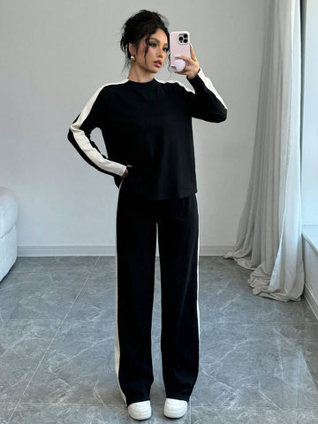 Buy SHEIN Elenzga 2pcs Women Fashion Striped Contrast Color Round Neck T-Shirt And Long Pants Set in Pakistan