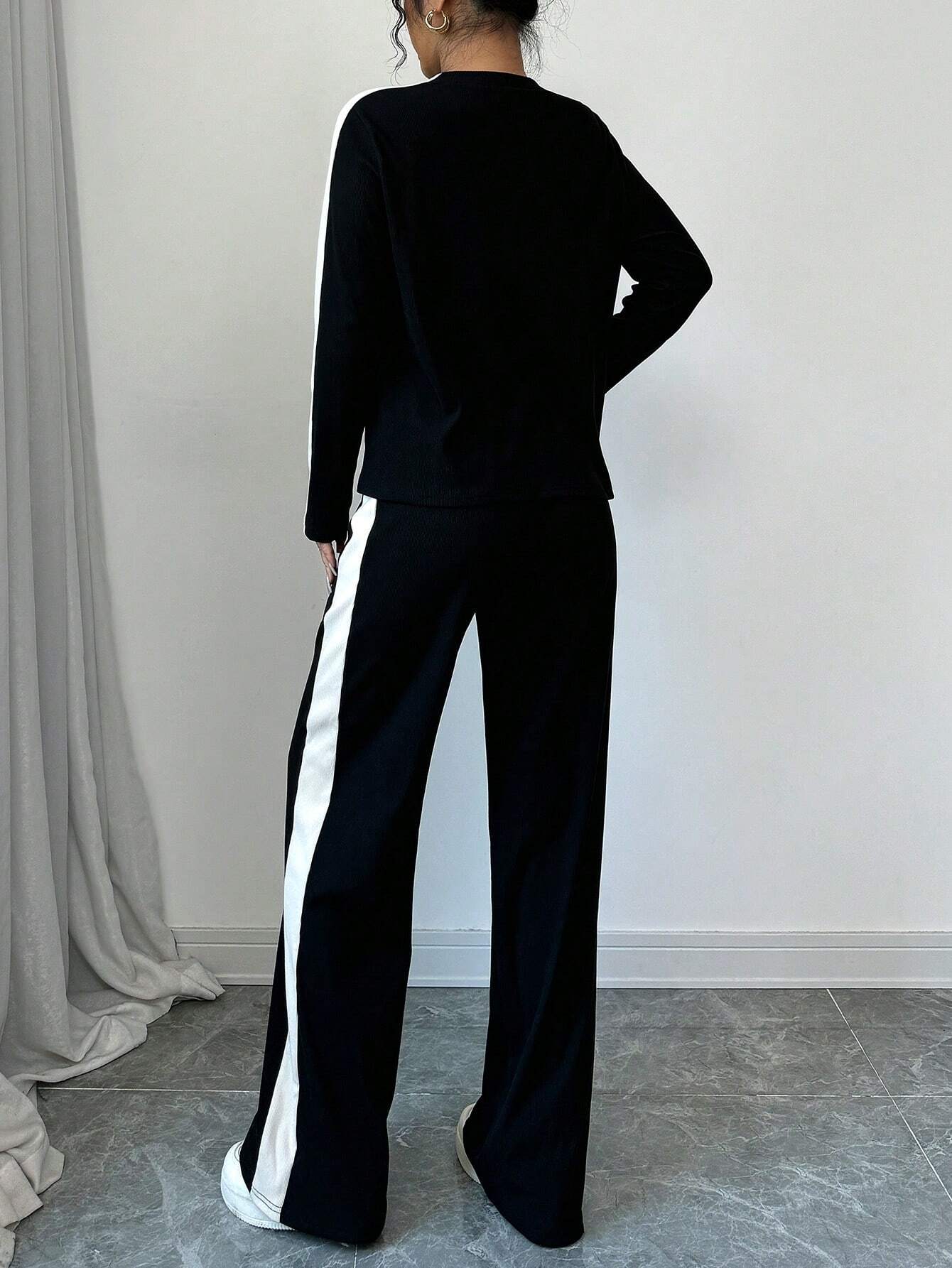 Buy SHEIN Elenzga 2pcs Women Fashion Striped Contrast Color Round Neck T-Shirt And Long Pants Set in Pakistan