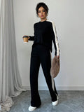 Buy SHEIN Elenzga 2pcs Women Fashion Striped Contrast Color Round Neck T-Shirt And Long Pants Set in Pakistan