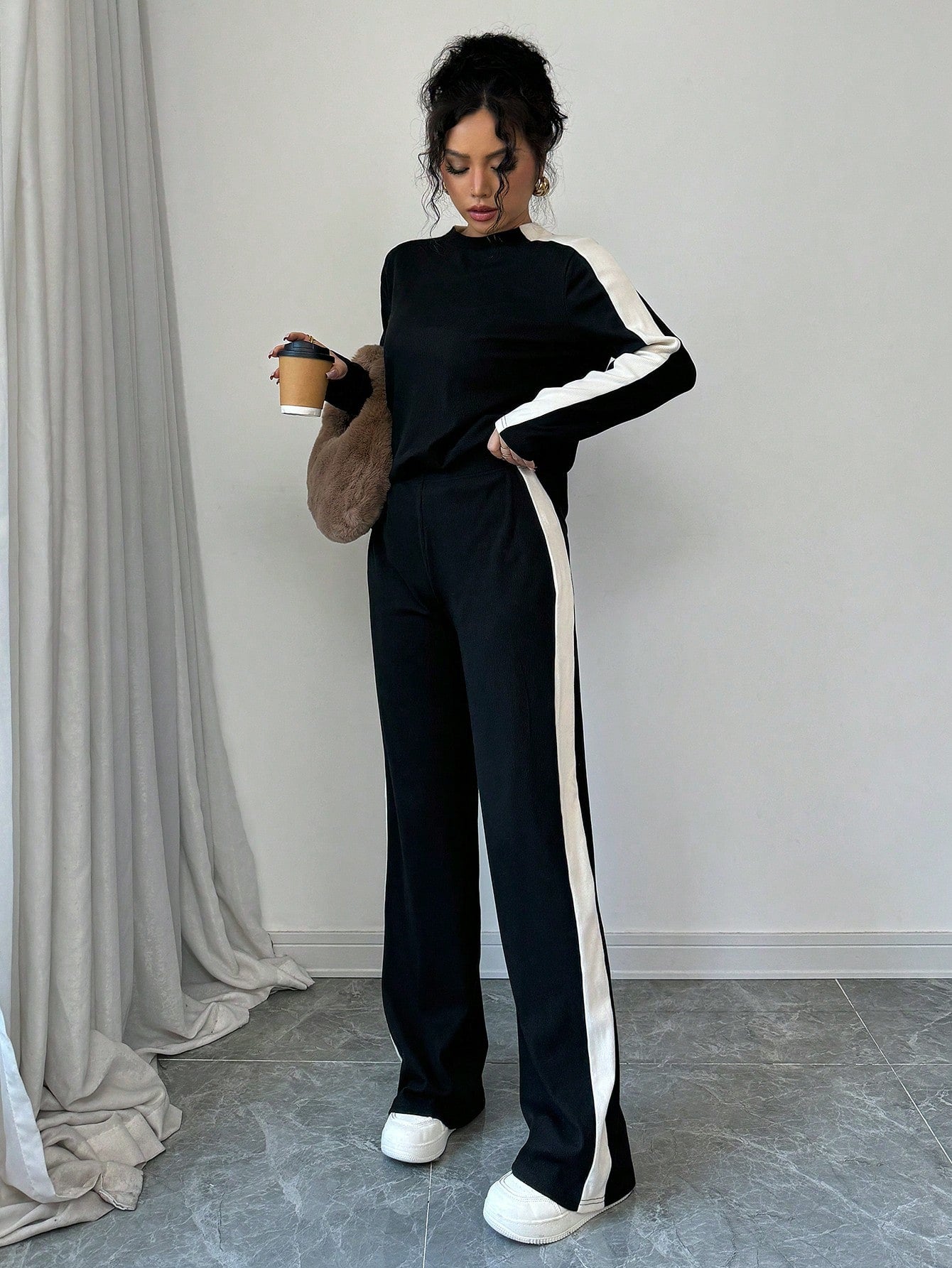 Buy SHEIN Elenzga 2pcs Women Fashion Striped Contrast Color Round Neck T-Shirt And Long Pants Set in Pakistan