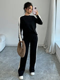 Buy SHEIN Elenzga 2pcs Women Fashion Striped Contrast Color Round Neck T-Shirt And Long Pants Set in Pakistan