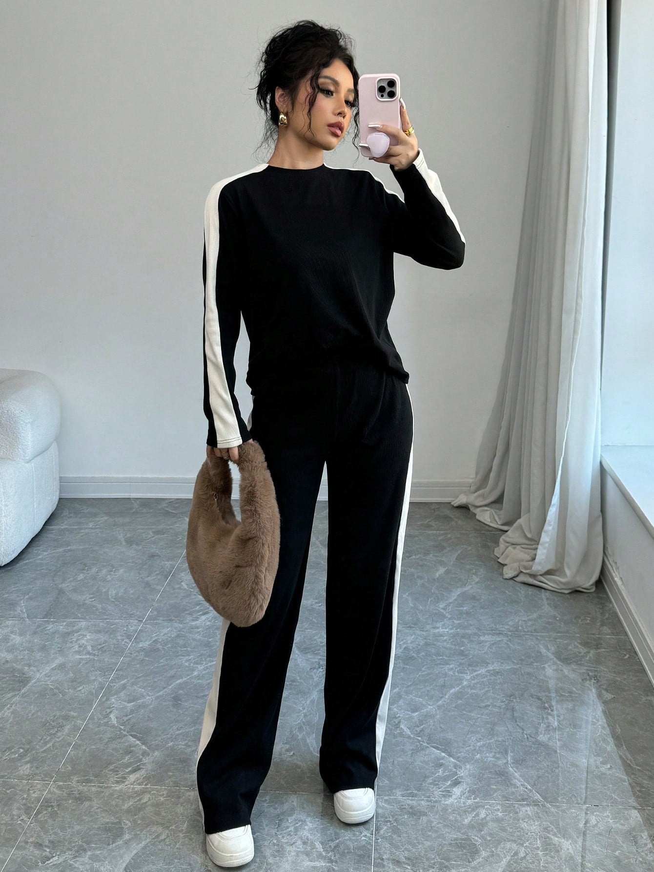 Buy SHEIN Elenzga 2pcs Women Fashion Striped Contrast Color Round Neck T-Shirt And Long Pants Set in Pakistan