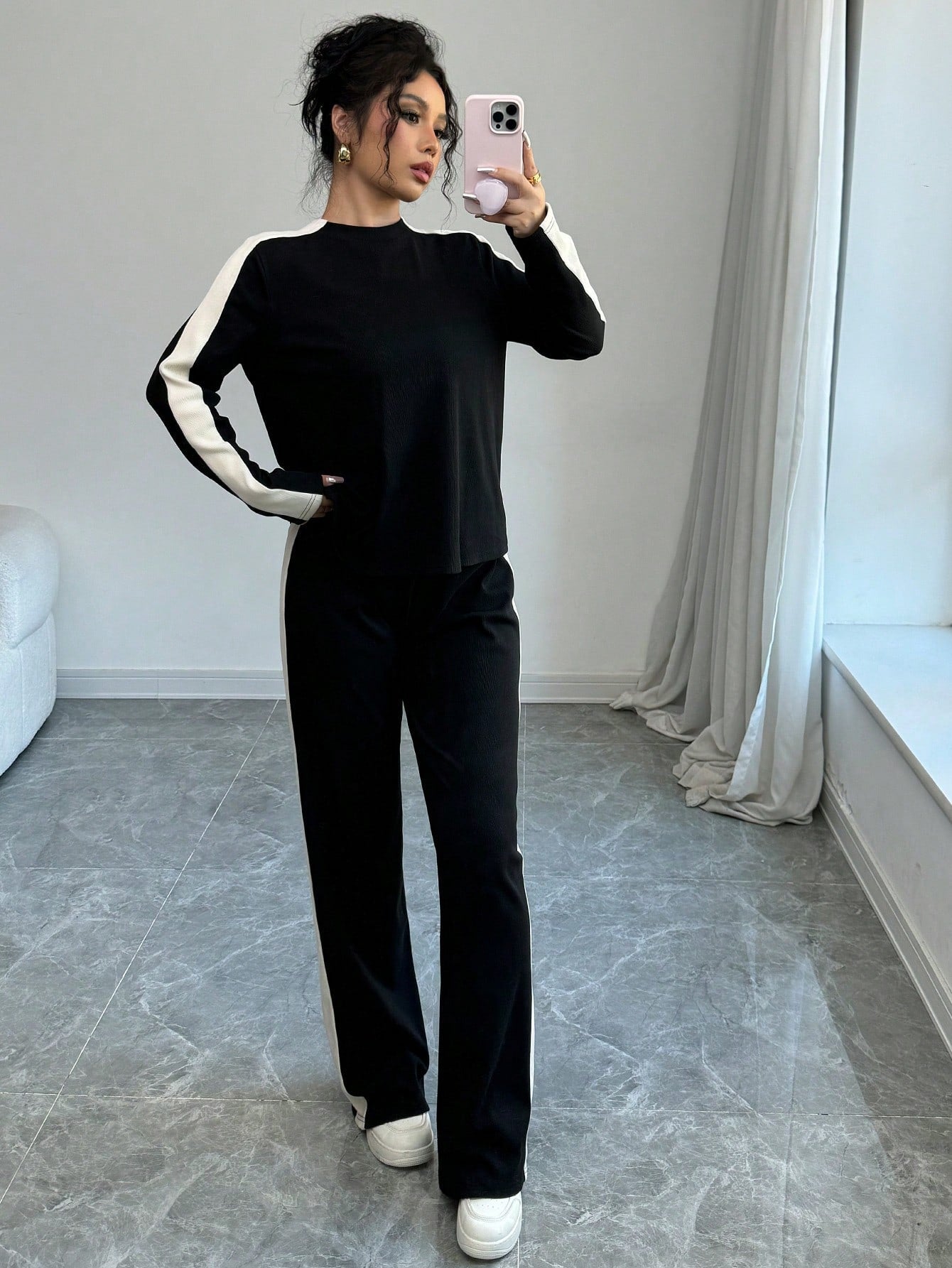 Buy SHEIN Elenzga 2pcs Women Fashion Striped Contrast Color Round Neck T-Shirt And Long Pants Set in Pakistan