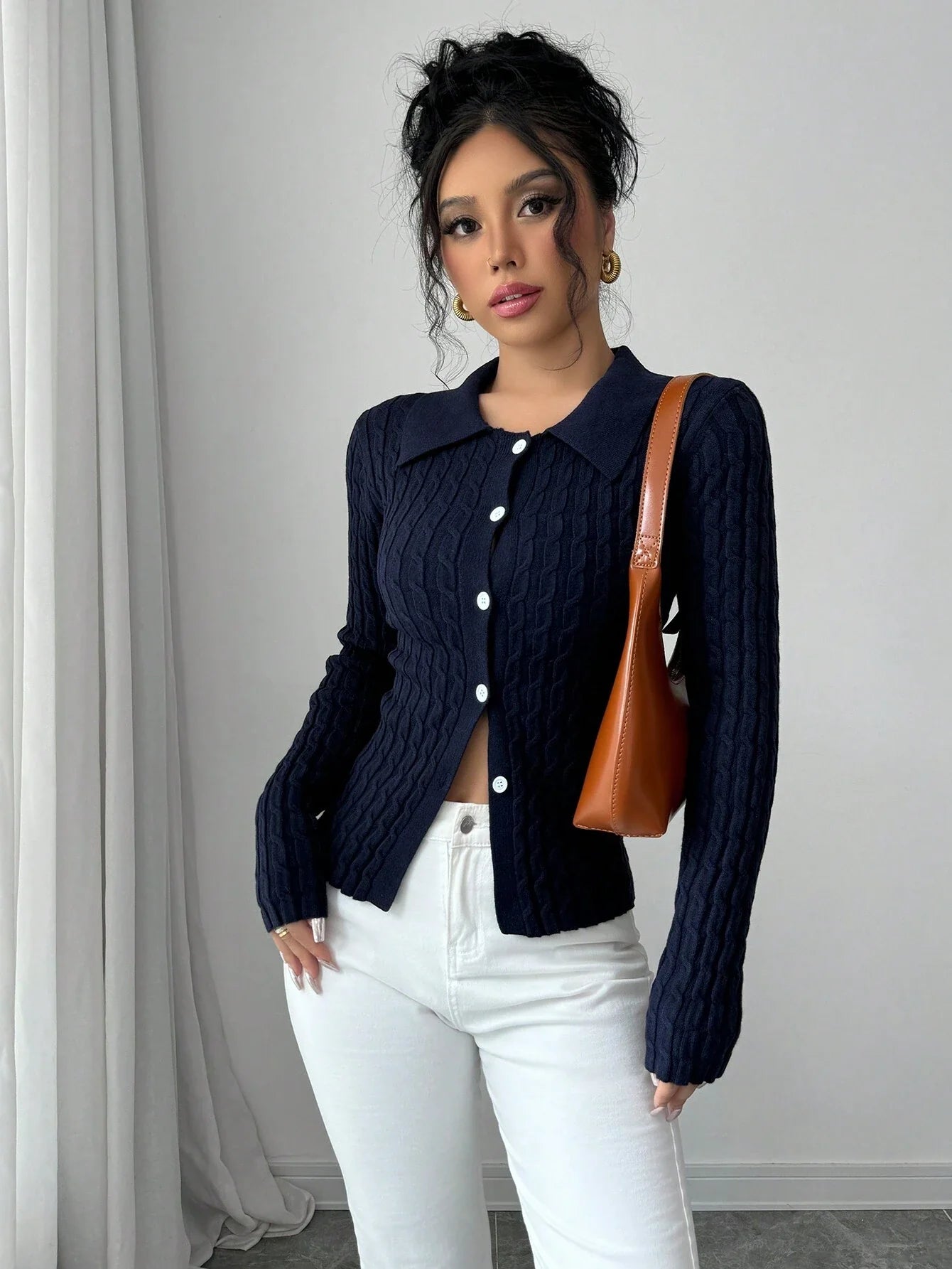 Buy SHEIN Elenzga Casual Solid Color Cable Knit Fitted Cardigan, Autumn/Winter in Pakistan