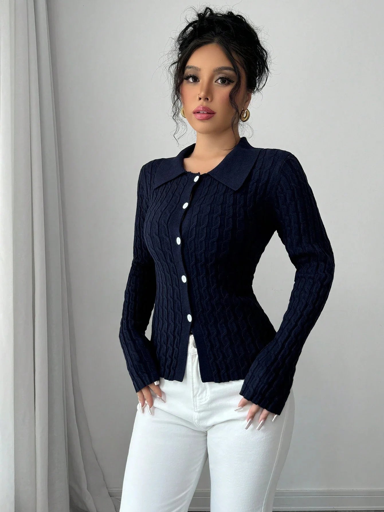Buy SHEIN Elenzga Casual Solid Color Cable Knit Fitted Cardigan, Autumn/Winter in Pakistan