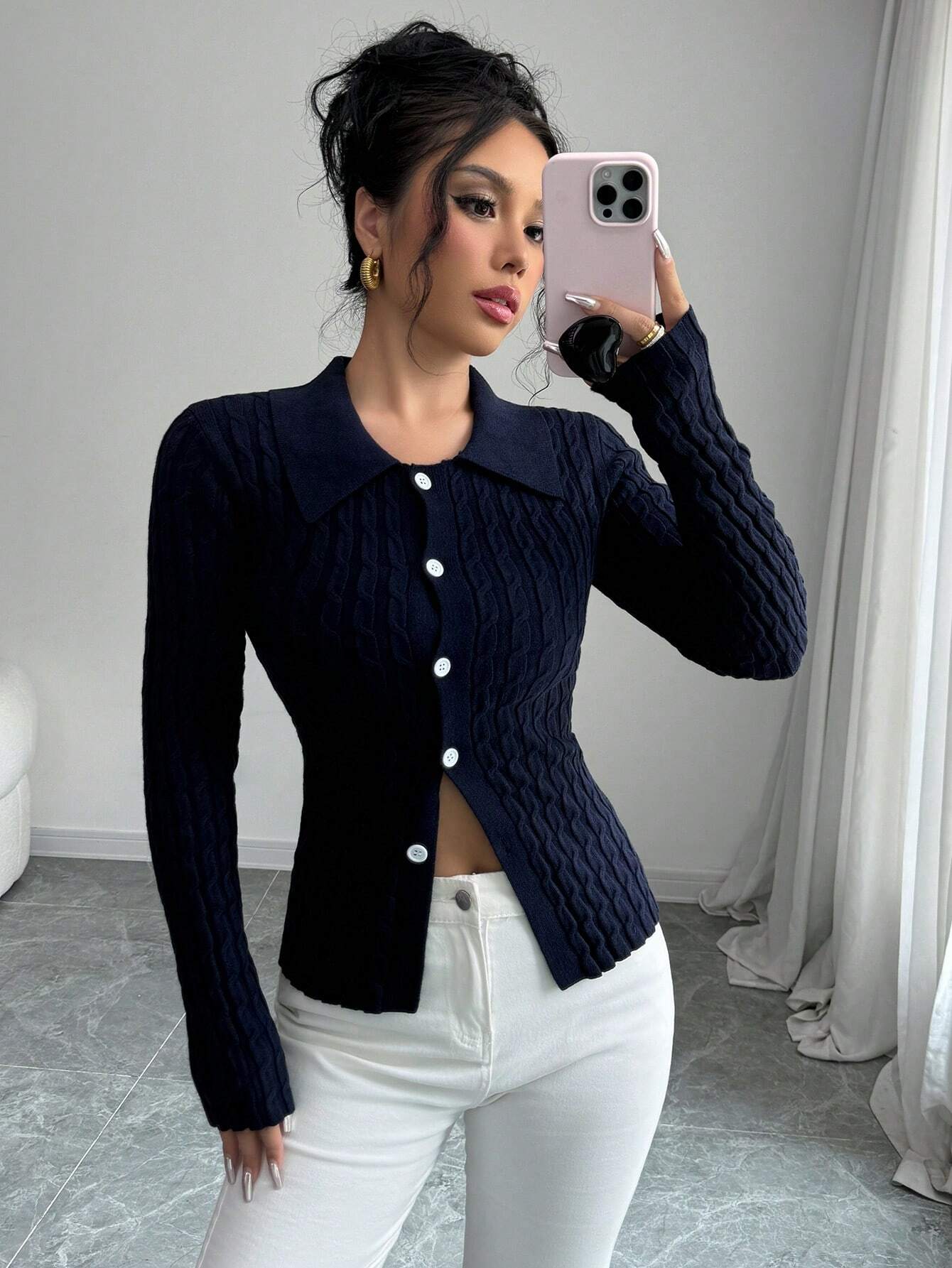 Buy SHEIN Elenzga Casual Solid Color Cable Knit Fitted Cardigan, Autumn/Winter in Pakistan