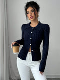 Buy SHEIN Elenzga Casual Solid Color Cable Knit Fitted Cardigan, Autumn/Winter in Pakistan