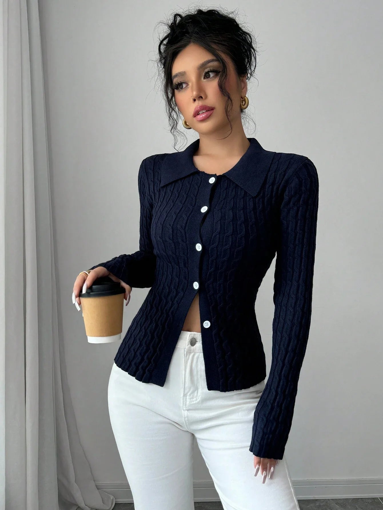 Buy SHEIN Elenzga Casual Solid Color Cable Knit Fitted Cardigan, Autumn/Winter in Pakistan