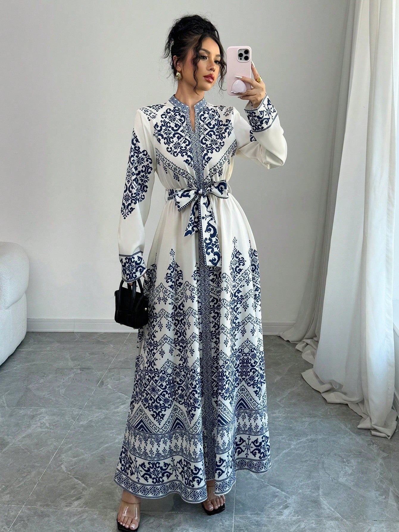 SHEIN Elenzga Long Sleeve Fitted Waist Long Dress For Women