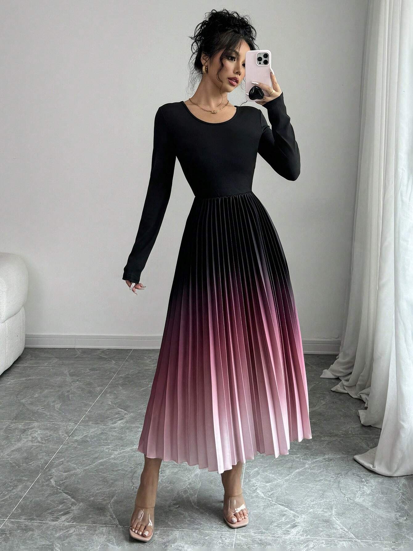 Buy SHEIN Elenzga Ombre Color Elegant Dress With Burn-Out Pleated Design, Sexy Women Maxi Women Outfit in Pakistan