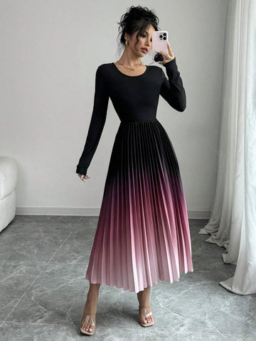 Buy SHEIN Elenzga Ombre Color Elegant Dress With Burn-Out Pleated Design, Sexy Women Maxi Women Outfit in Pakistan