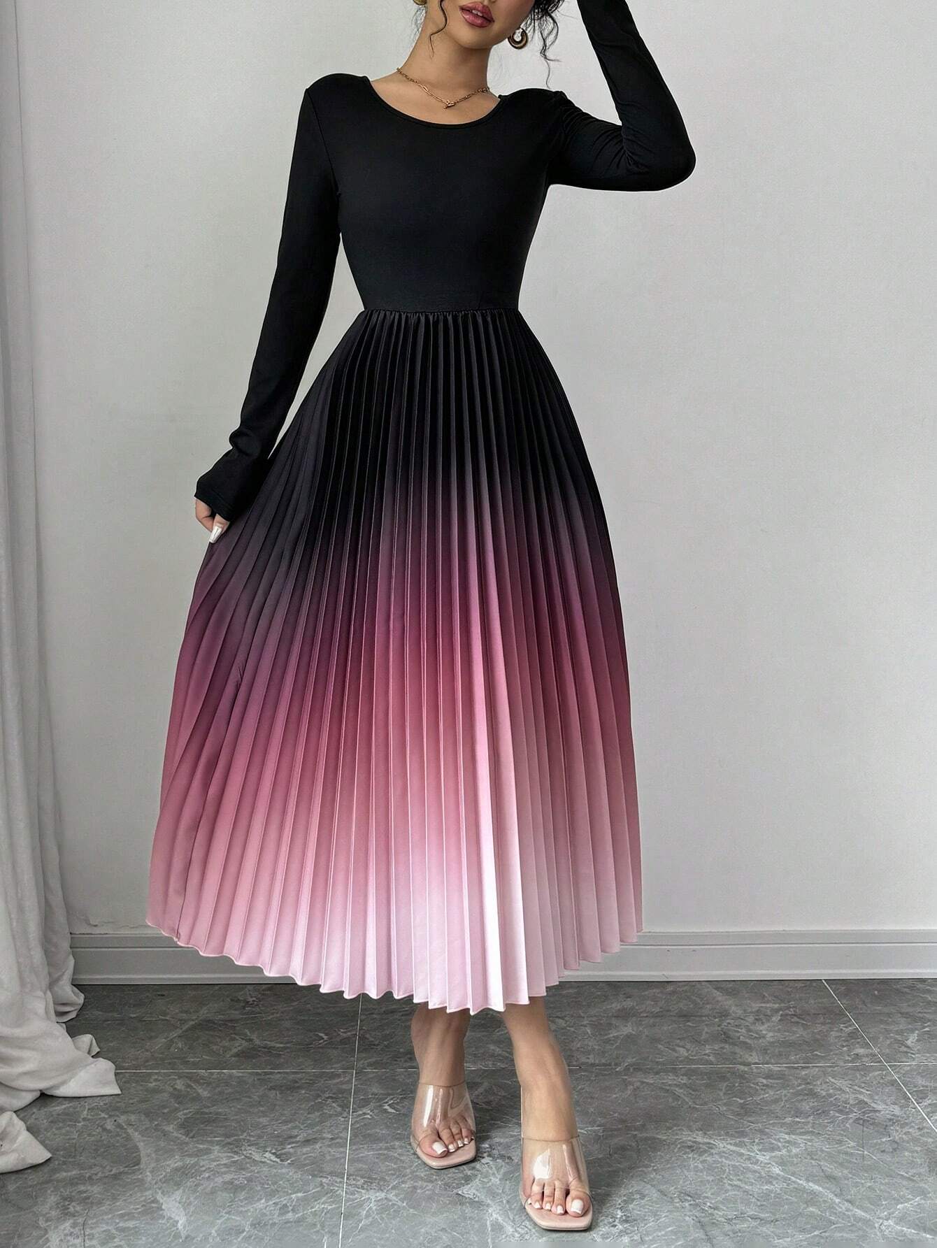 Buy SHEIN Elenzga Ombre Color Elegant Dress With Burn-Out Pleated Design, Sexy Women Maxi Women Outfit in Pakistan
