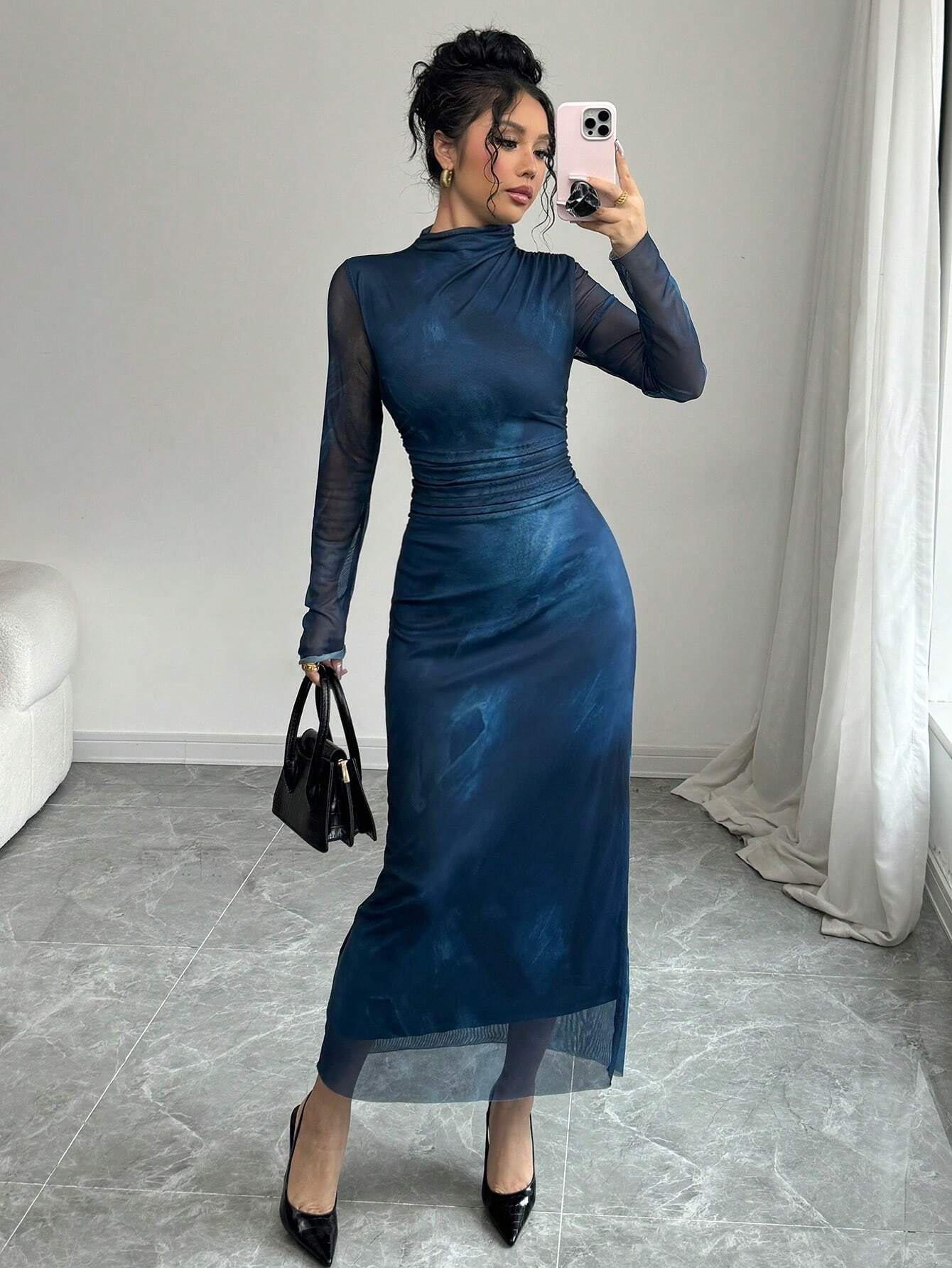 Buy SHEIN Elenzga Women's New Autumn/Winter Design Stand Collar Long Sleeve Pleated Waist Slimming Net Fabric Tie Dye Ink Painting Print Dress Maxi Women Outfit in Pakistan