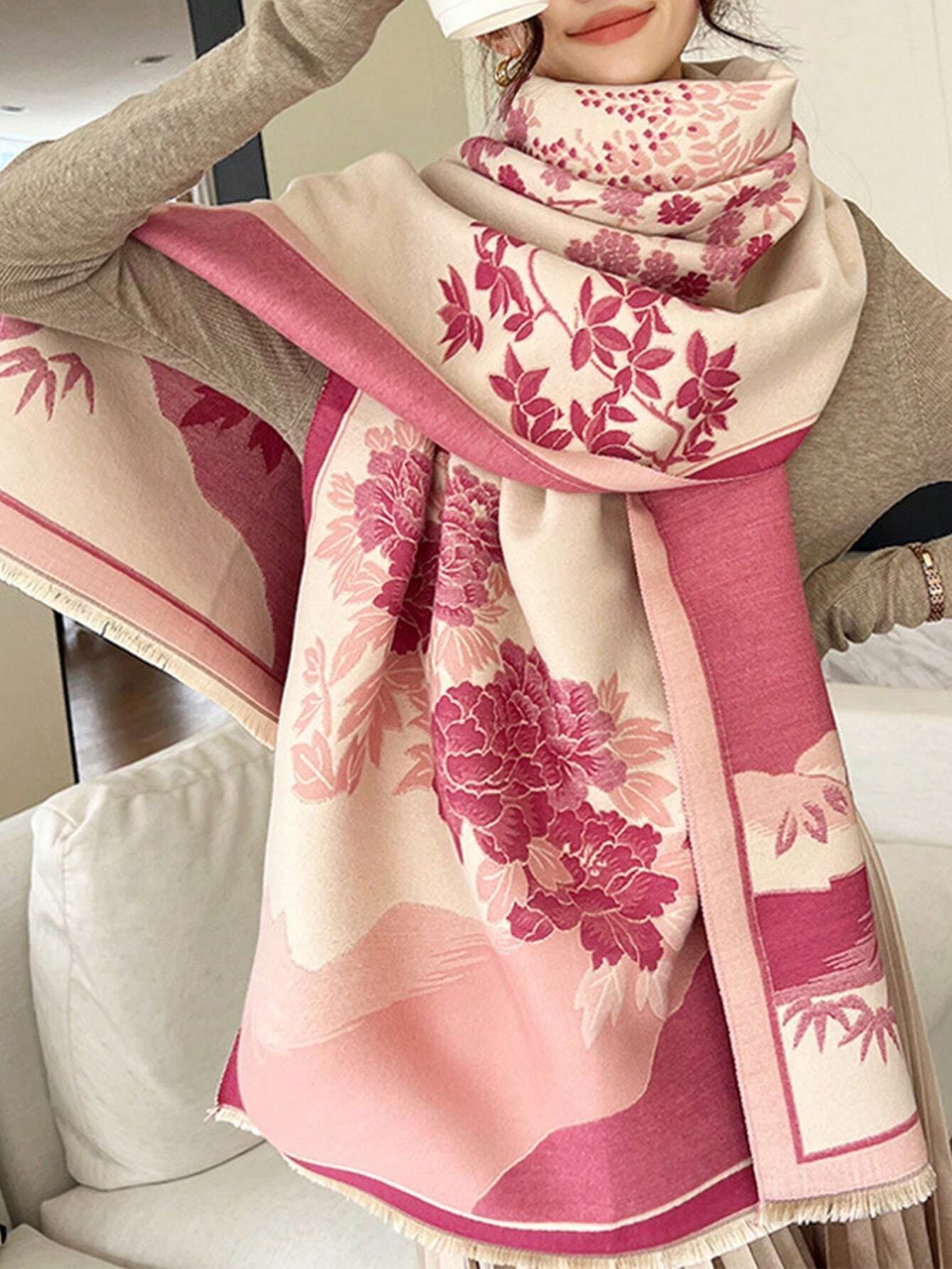 Buy SHEIN FADZOYLE 1pc Pink Women's Scarves Cashmere Feel Color Long Shawl Scarf Tassel Printed Pattern in Pakistan