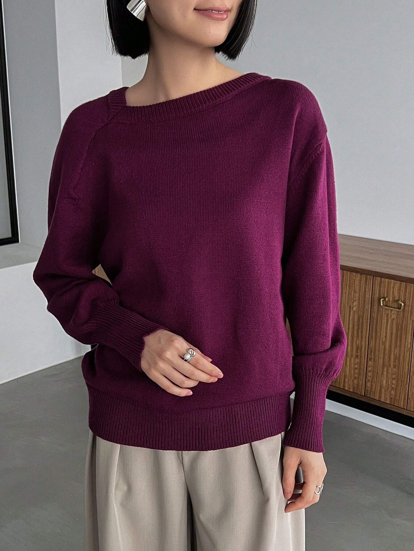 Buy SHEIN FRIFUL Solid Asymmetrical Neck Drop Shoulder Sweater in Pakistan