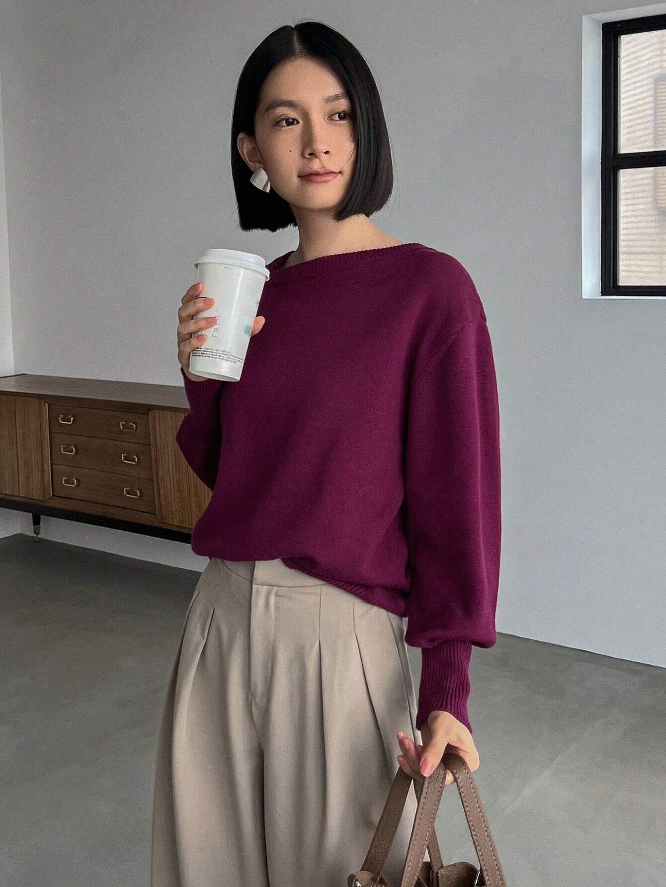 Buy SHEIN FRIFUL Solid Asymmetrical Neck Drop Shoulder Sweater in Pakistan
