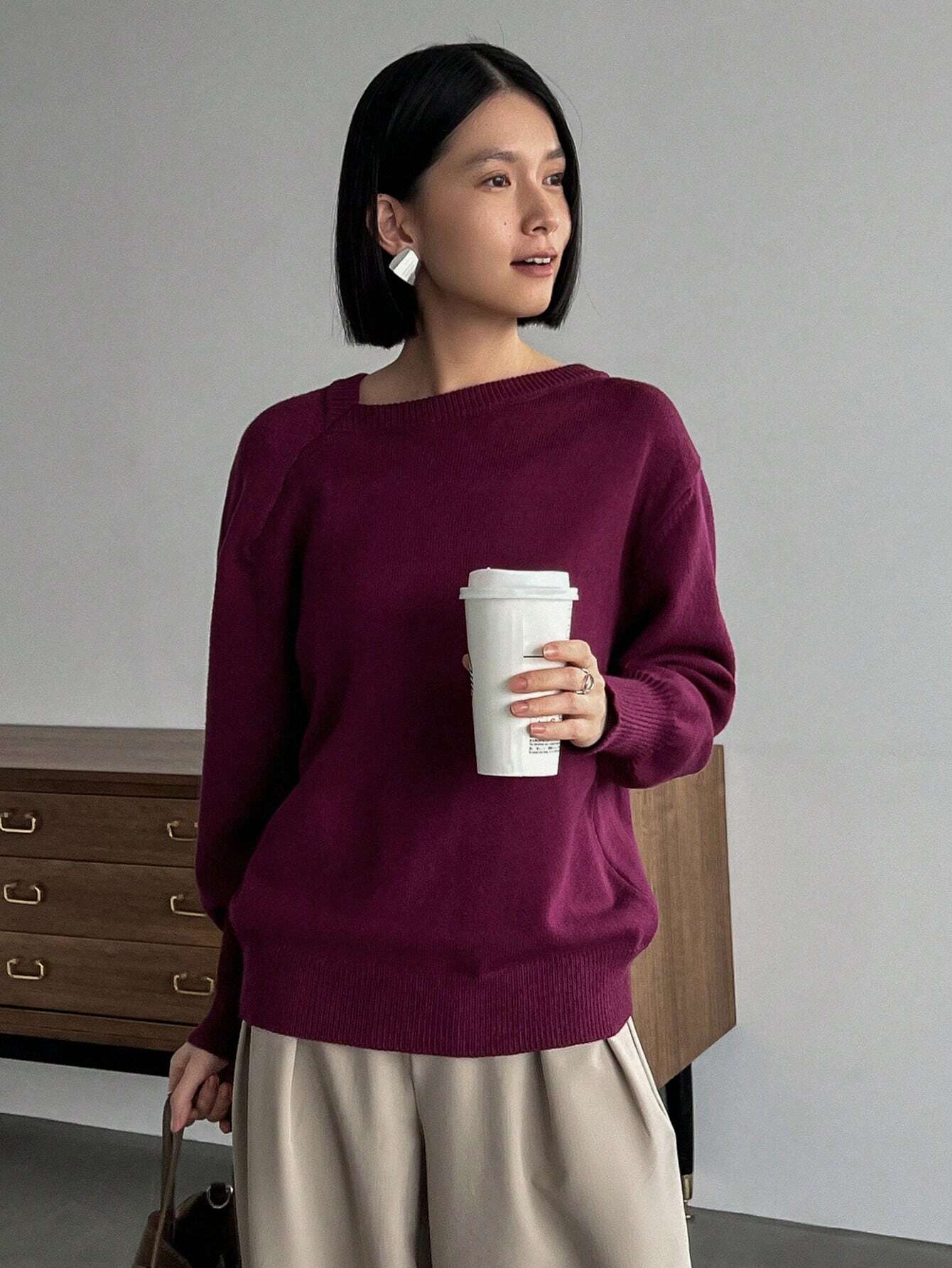 Buy SHEIN FRIFUL Solid Asymmetrical Neck Drop Shoulder Sweater in Pakistan