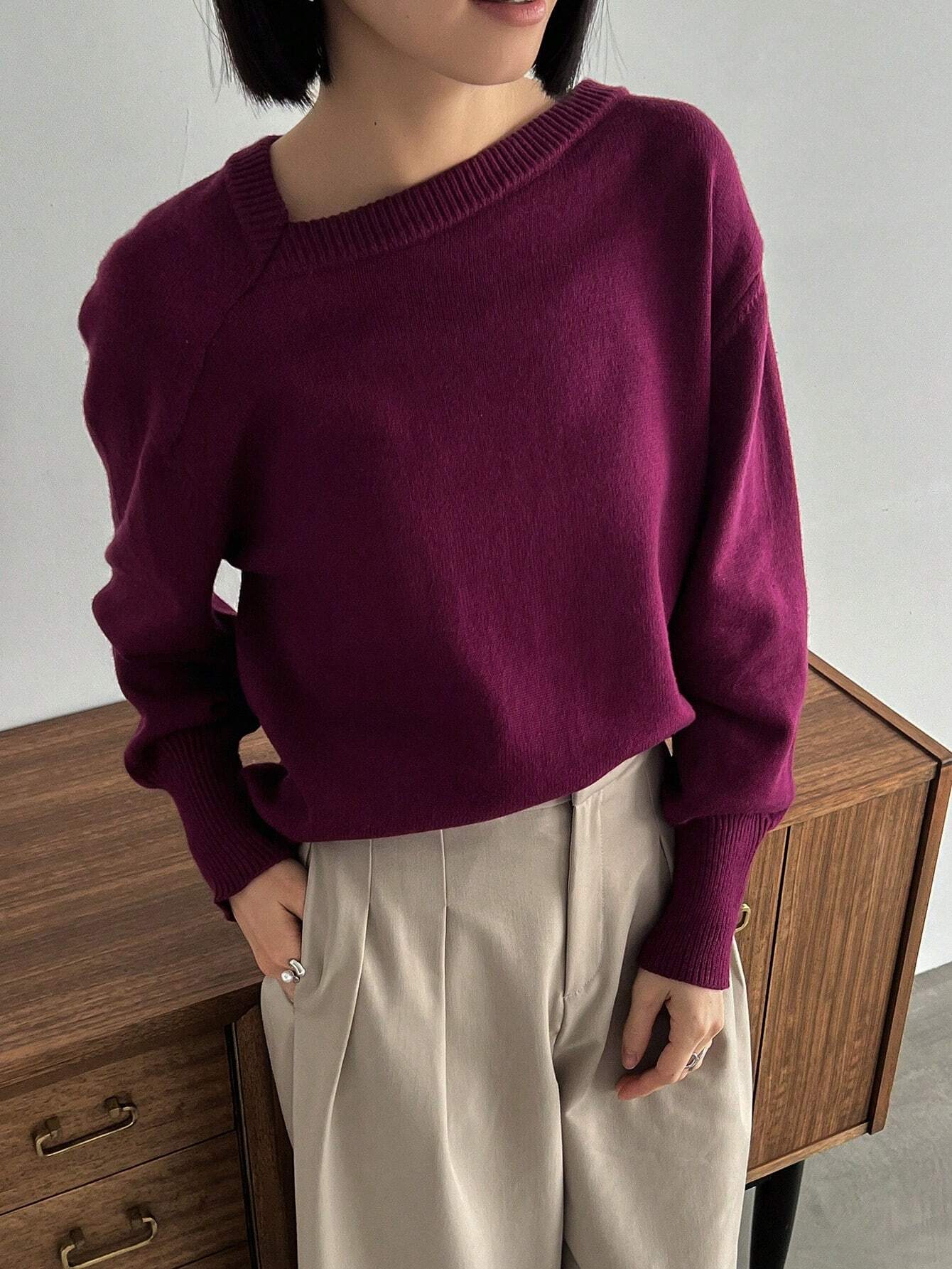 Buy SHEIN FRIFUL Solid Asymmetrical Neck Drop Shoulder Sweater in Pakistan