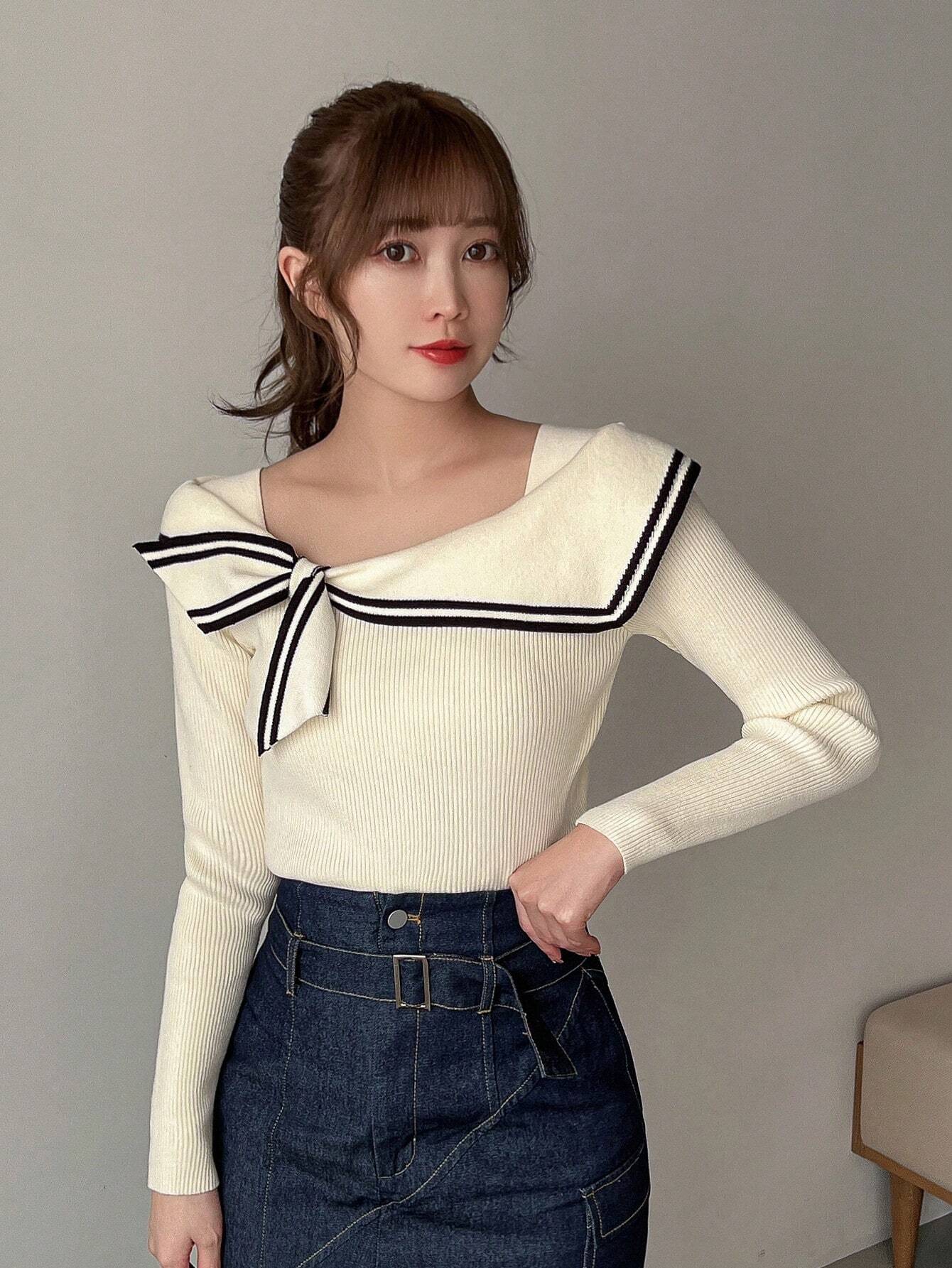 Buy SHEIN FRIFUL Women's Long Sleeve Knitted Sweater With Bow Decoration,Long Sleeve Tops in Pakistan