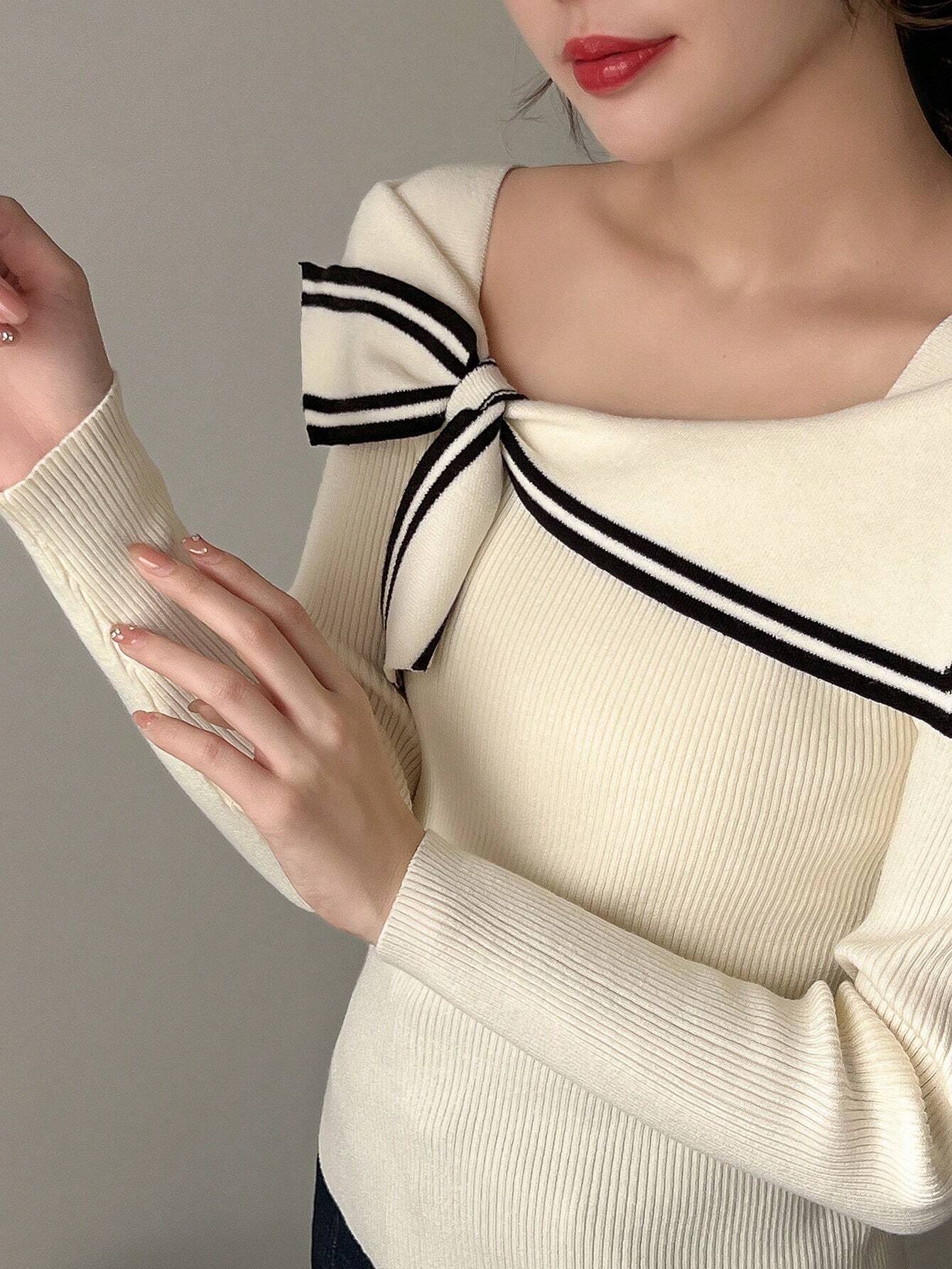 Buy SHEIN FRIFUL Women's Long Sleeve Knitted Sweater With Bow Decoration,Long Sleeve Tops in Pakistan