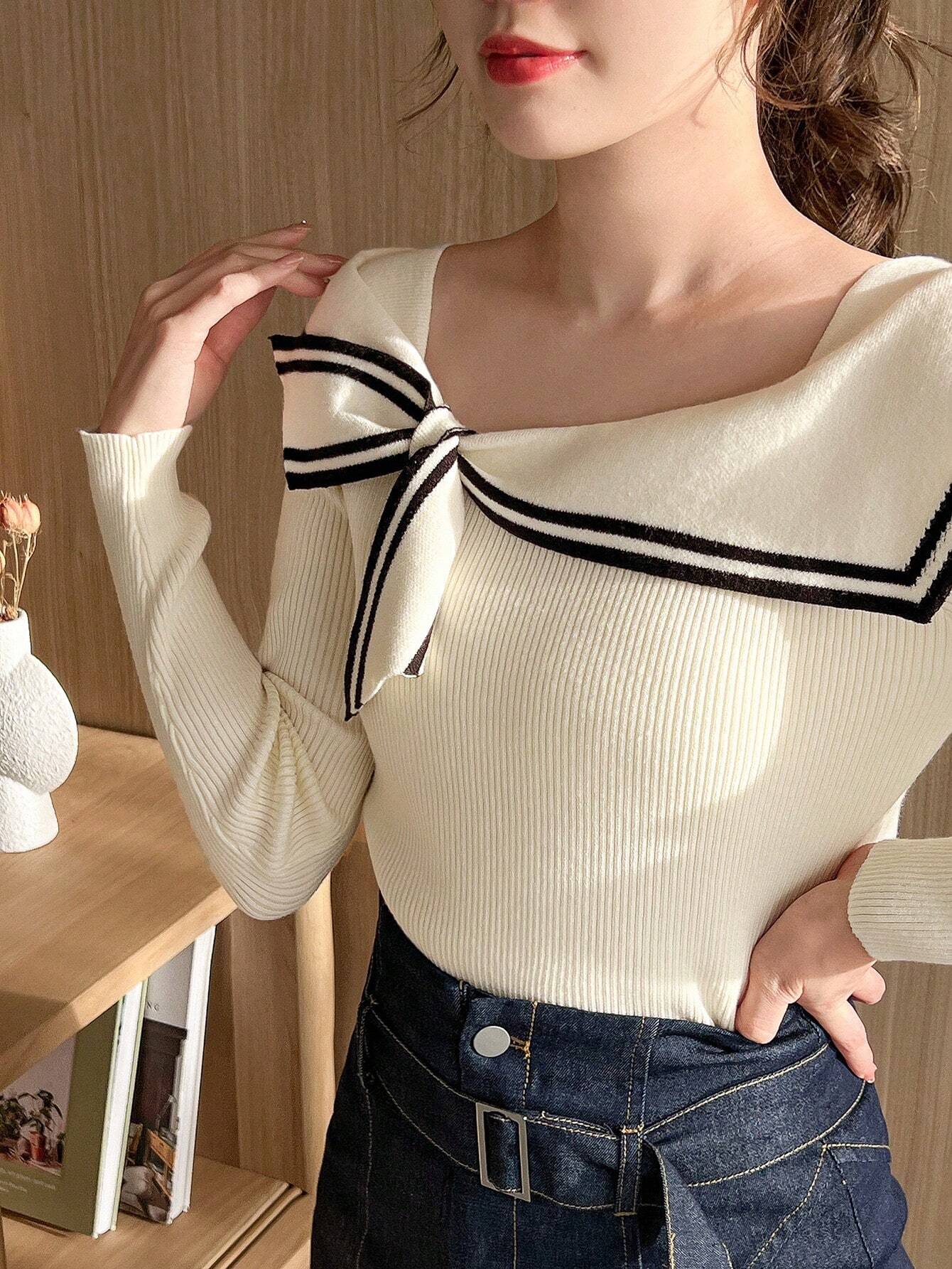 Buy SHEIN FRIFUL Women's Long Sleeve Knitted Sweater With Bow Decoration,Long Sleeve Tops in Pakistan
