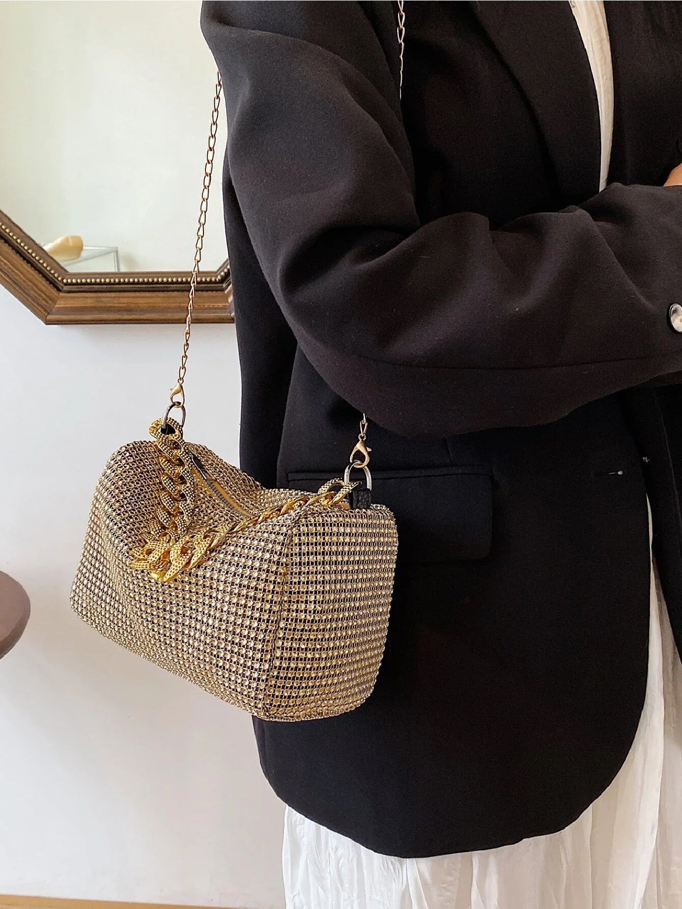 Buy SHEIN Fashion Evening Bag, Round Cylinder Full Rhinestones Chain Crossbody Bag, Zipper Closure Versatile Shoulder Bag, Sparkly Casual Bag in Pakistan