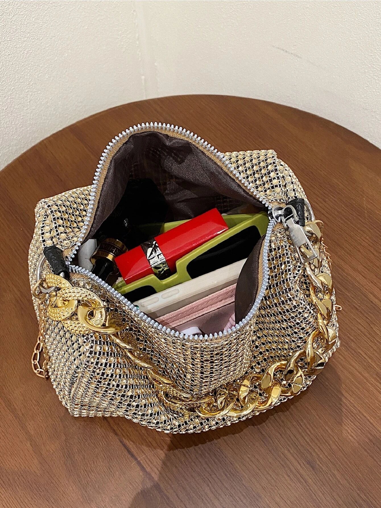 Buy SHEIN Fashion Evening Bag, Round Cylinder Full Rhinestones Chain Crossbody Bag, Zipper Closure Versatile Shoulder Bag, Sparkly Casual Bag in Pakistan